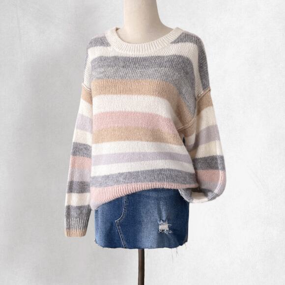 Gap Alpaca Wool Blend Crew Neck Sweater Size S Striped Cream Gray Beige Tan Pink - Picture 1 of 9